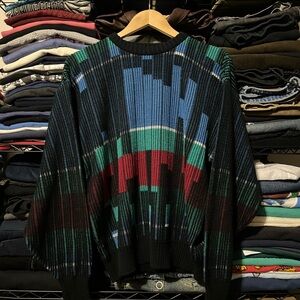 Men's Black Crewneck Sweater with Blue, Green and Red Graphic Pattern